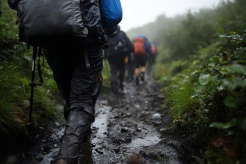 Hikers trek through a muddy path surrounded by lush greenery in tough weather