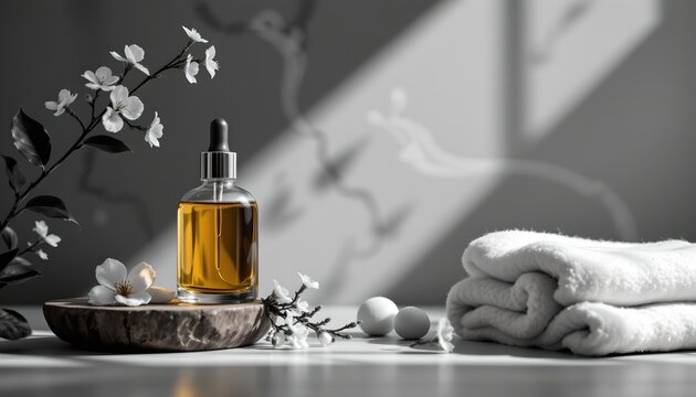 a serene setting with a spa like theme featuring a neatly arranged tabletop with a bottle of essential oil, a set of folded towels beside it, and a small tray with what a