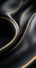 Luxurious black leather with gold stitching, close-up, textured