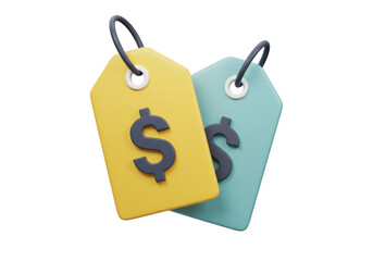 Isolated 3D Render of Two Price Tags with Dollar Signs, Pricing and Sales Concept