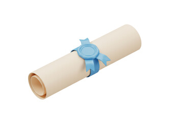 Isolated 3D Render of a Rolled Diploma with Blue Ribbon and Seal, Certificate of Achievement