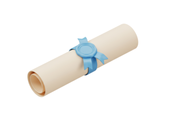 Isolated 3D Render of a Rolled Diploma with Blue Ribbon and Seal, Certificate of Achievement