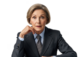 Surprised mature businesswoman in suit with hand on chin looking shocked png image, portrait of professional woman with transparent background isolated on transparent background