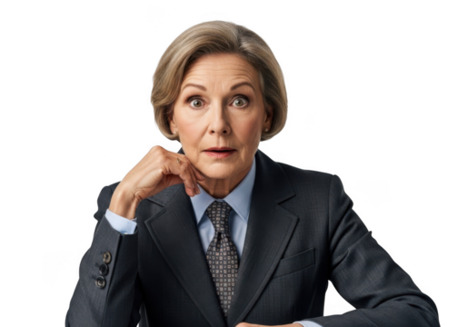 Surprised mature businesswoman in suit with hand on chin looking shocked png image, portrait of professional woman with transparent background isolated on transparent background