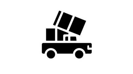 Flat black icon of a box being loaded into a vehicle trunk, isolated on white