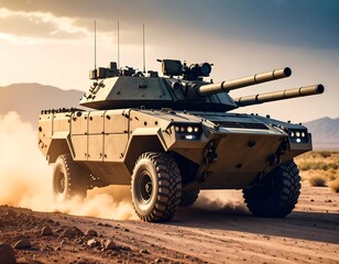 Fototapeta premium High Mobility Combat Vehicle traversing arid terrain with robust armor protection and dual cannons
