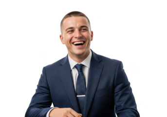 Professional businessman laughing portrait photo, corporate headshot, business attire, smiling executive, isolated on transparent background