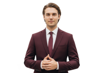 Professional businessman in burgundy suit with hands clasped posing for success portrait png isolated on transparent background