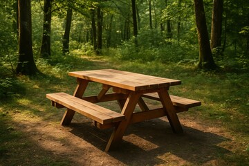 Rustic Wooden Picnic Table in Sunlit Forest Clearing with Natural Woodland Setting
