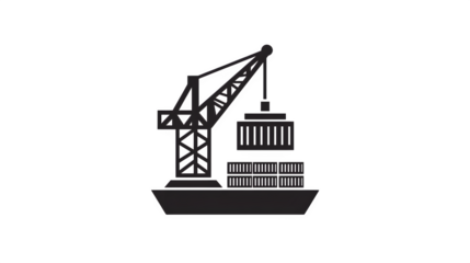 Flat black icon of a crane loading a shipping container onto a ship, isolated on white