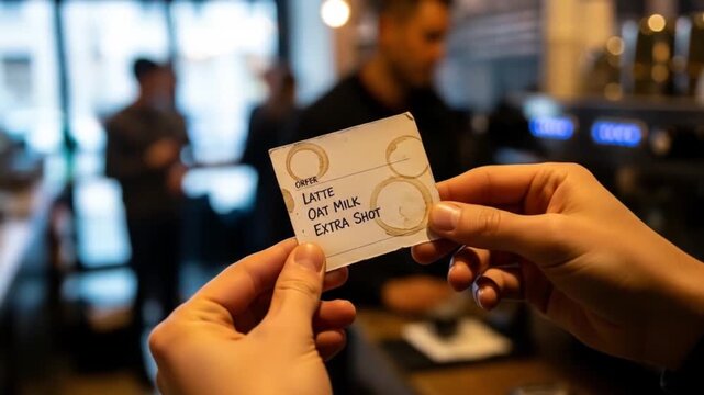 Coffee Order Note: Latte with Oat Milk and Extra Shot in a Busy Cafe