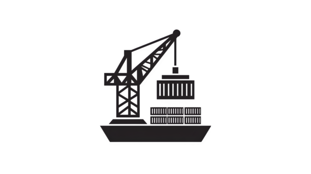 Flat black icon of a crane loading a shipping container onto a ship, isolated on white