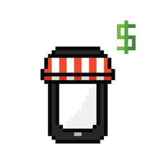 Mobile phone, smartphone with store awning, online shopping concept. Vector icon in 8 bit style
