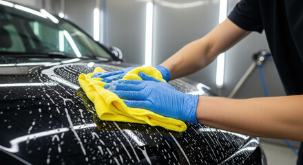 African American man is cleaning a black car hood with a yellow microfiber cloth in a modern car wash, showcasing attention to detail and professional car care techniques