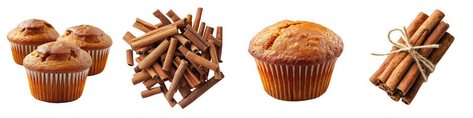 Cinnamon sticks and muffins set isolated on transparent background
