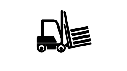 Flat black icon of a pallet jack lifting a loaded pallet, isolated on white background