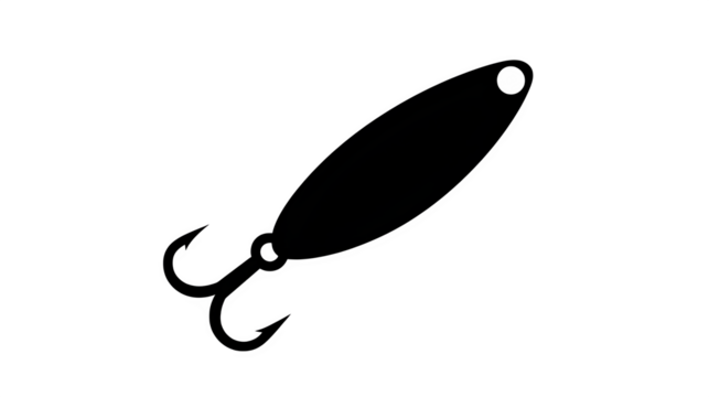 Filled black icon of fishing lure with hook, transparent background
