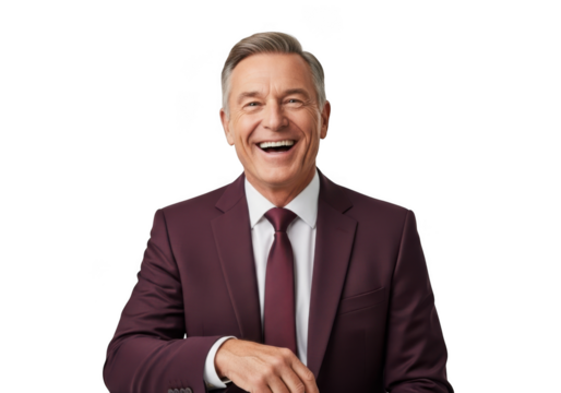 Smiling mature businessman in burgundy suit stock photo, cheerful executive portrait, isolated on transparent background