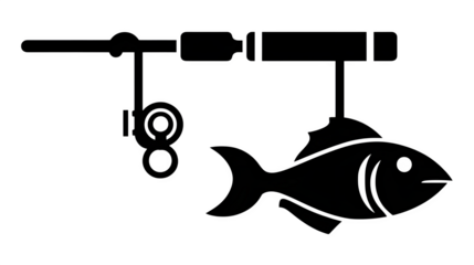 Filled black icon of fishing rod and catch, transparent background