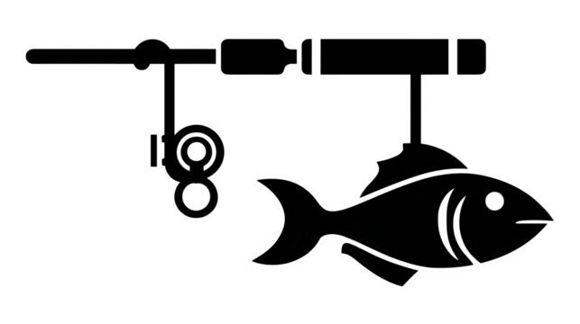 Filled black icon of fishing rod and catch, transparent background