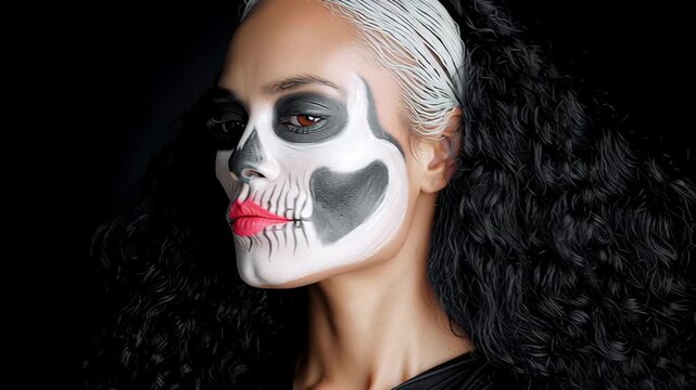 Woman with intricate skull makeup showcasing a dramatic transformation, highlighting facial artistry and vibrant colors, capturing the essence of creativity and expression in a captivating motion sequ