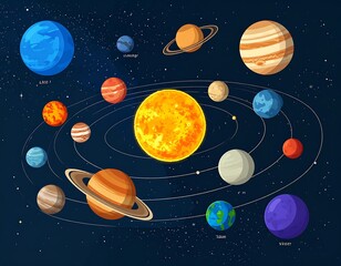 Illustration of a colorful solar system with named planets in detailed drawing style
