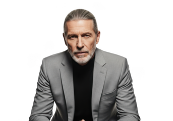 Professional mature businessman in gray suit looking at camera stock photo portrait photography isolated on transparent background
