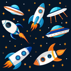 Set with bright rockets and spaceships on a dark background with stars. Simple flat illustration