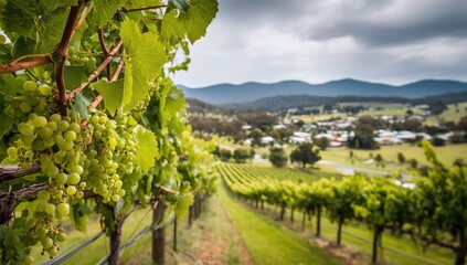 Naklejka premium Vineyard with white grapes in the foreground, rows of grapevines stretching into hills and mountains,
