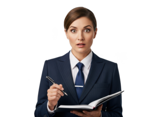 Surprised businesswoman holding notebook and pen, shocked expression, professional attire, isolated on transparent background