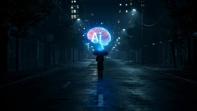 Person with umbrella walking on street at night, illuminated by an artificial intelligence brain hologram, symbolizing protection from cyber threats footage.