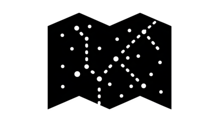 Filled black icon of map with dotted trail, transparent background