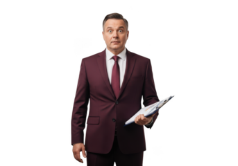 Shocked businessman holding documents in burgundy suit, surprised expression, png image for presentations and designs isolated on transparent background