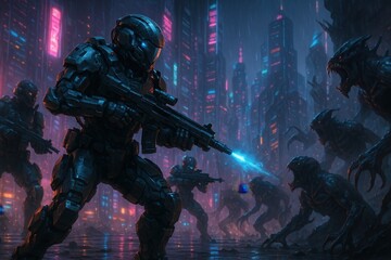 Naklejka premium Cyberpunk Warriors Battle Alien Invasion in Futuristic Cityscape