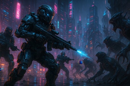 Cyberpunk Warriors Battle Alien Invasion in Futuristic Cityscape