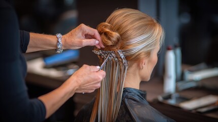 Professional hair stylist applying hair extensions to beautiful blonde woman in modern salon setting with stylish decor