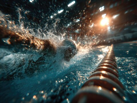 and keyword list based on the image you provided

 Swimmer underwater close-up, racing in pool at night during competition event