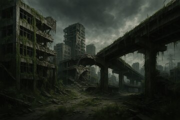Fototapeta premium Dystopian abandoned metropolis with overgrown vegetation reclaiming crumbling skyscrapers after disaster