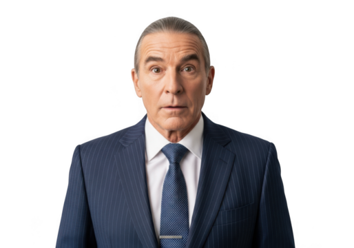 Surprised businessman in suit with astonished expression, shocked man in formal wear, png image for design, isolated on transparent background