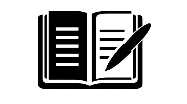 Filled black icon of open travel journal with pen, transparent background