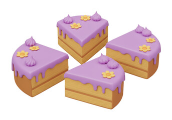 Isolated Slices of Purple Iced Cake with Yellow Flowers 3D Illustration
