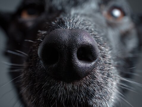 Detailed close-up of a dog's nose capturing texture and detail, emphasizing the sense of smell in animals.