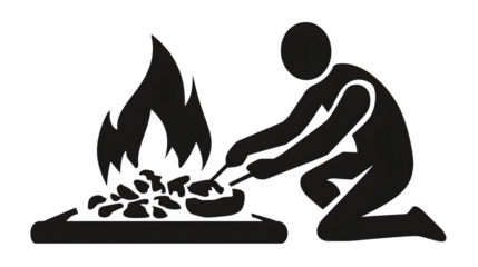 Filled black icon of person roasting food at fire pit, transparent background