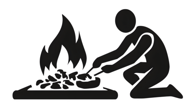 Filled black icon of person roasting food at fire pit, transparent background