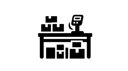 Filled black icon of pick and pack area with boxes and barcode scanner, transparent background