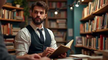 In a stylish library setting, a bearded man in formal attire reads a hardcover book, surrounded by shelves of literature and warm lighting.