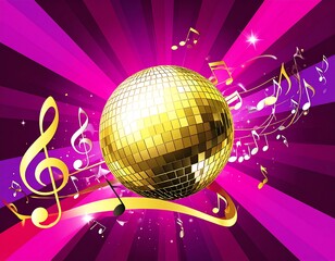 Golden disco ball with musical notes radiating against a vibrant purple background