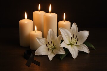 Memorial tribute with glowing white candles and fresh white lilies creating peaceful remembrance space