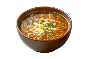 Delicious hot and sour soup with shredded cheese and green onions in wooden bowl, culinary asian cuisine, gourmet food photography isolated on transparent background