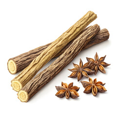 Dried licorice root pieces isolated on white background, showing their fibrous texture and sweet,